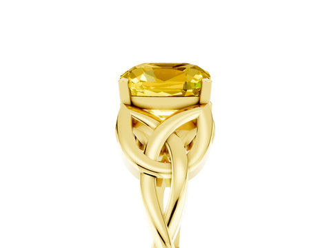 Yellow gold Cushion Cut Yellow Sapphire Solitaire Engagement Ring with Celtic Knot Band and Four-Prong Setting_29