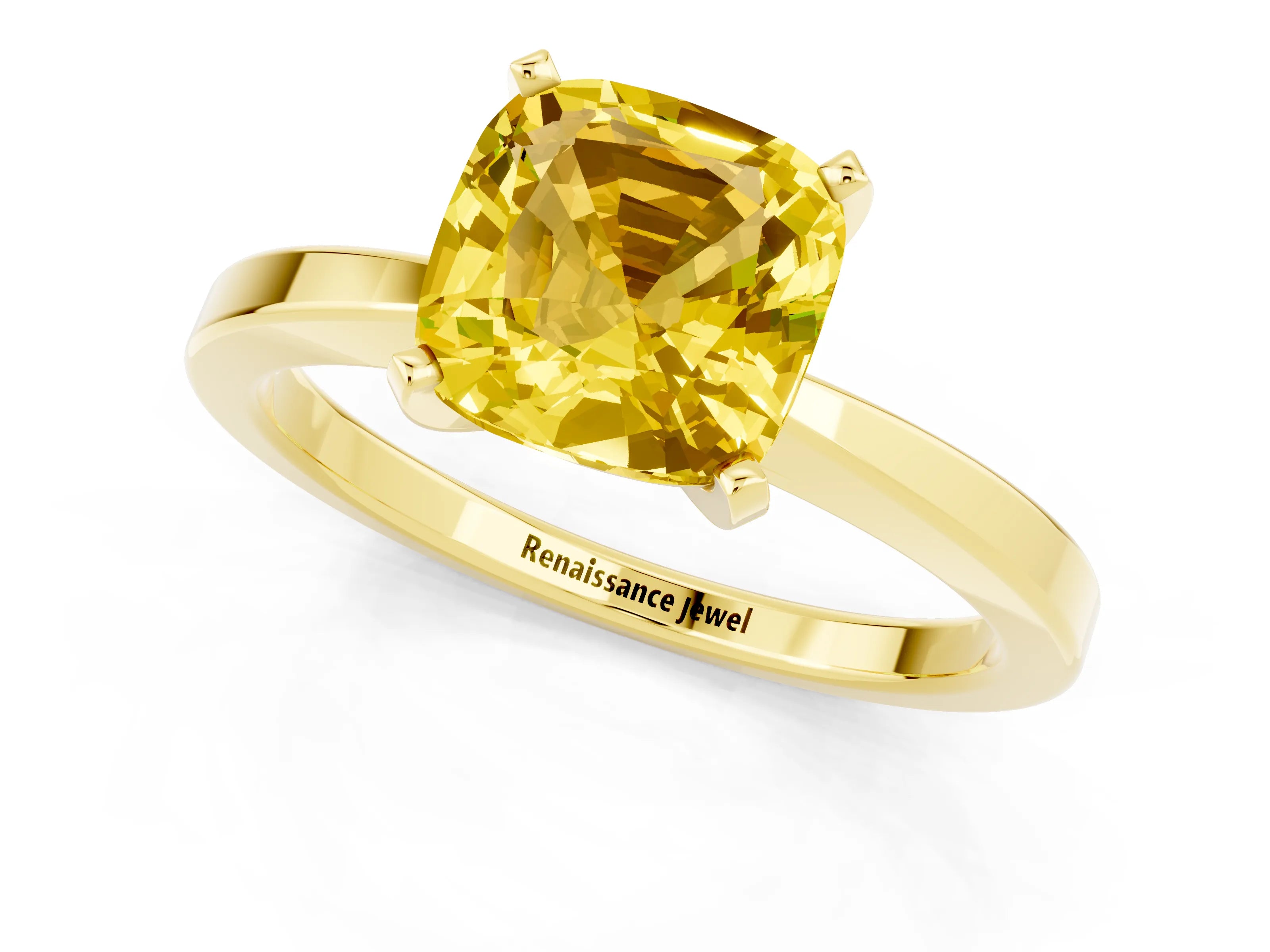 Yellow gold Cushion Cut Yellow Sapphire Solitaire Engagement Ring with Classic Band and Four-Prong Setting_61