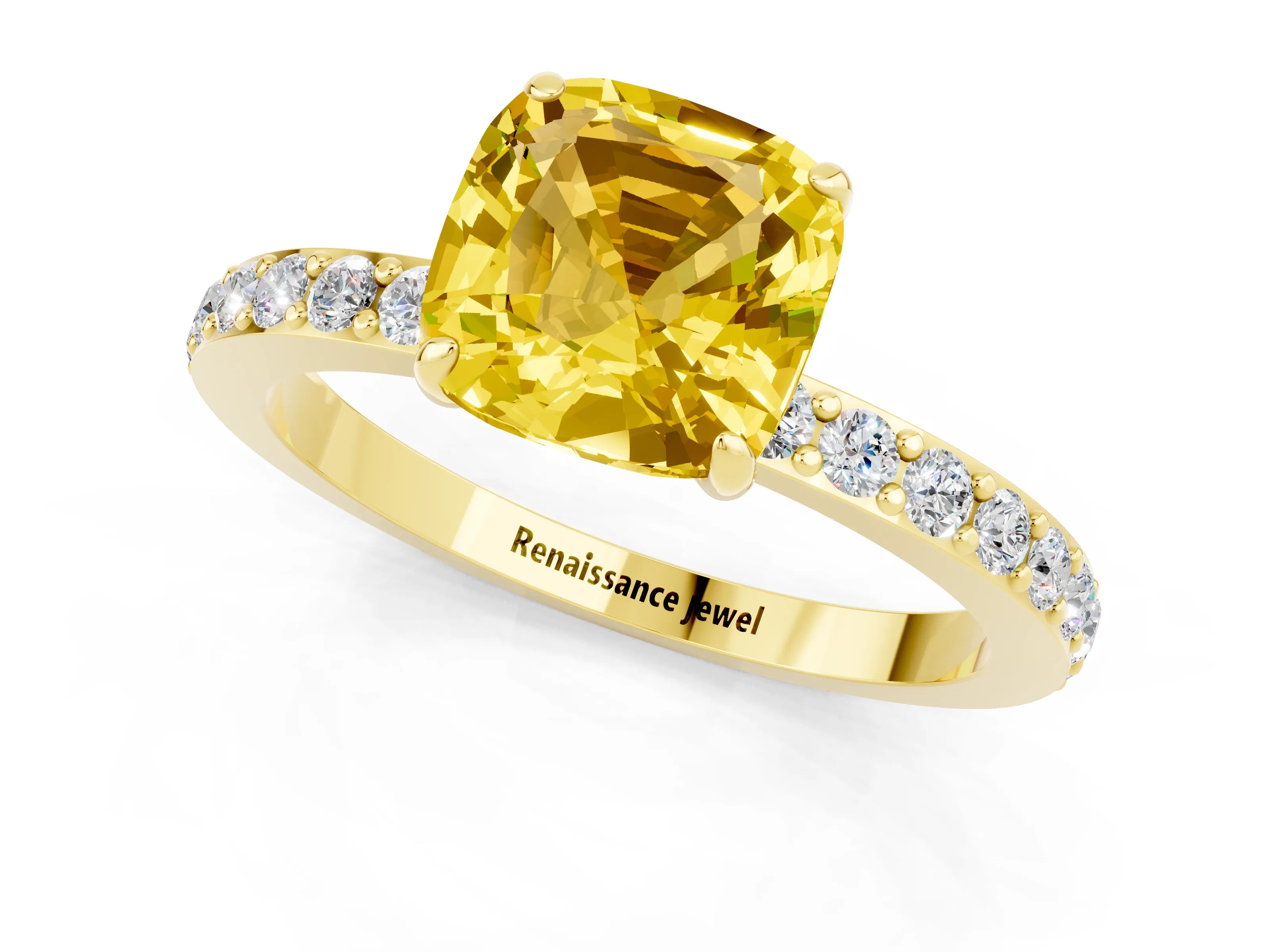 Yellow gold Cushion Cut Yellow Sapphire Solitaire Engagement Ring with Pavé Band and Four-Prong Setting_25