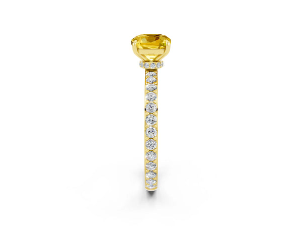 Yellow gold Cushion Cut Yellow Sapphire Solitaire Engagement Ring with Pavé Band and Four-Prong Setting