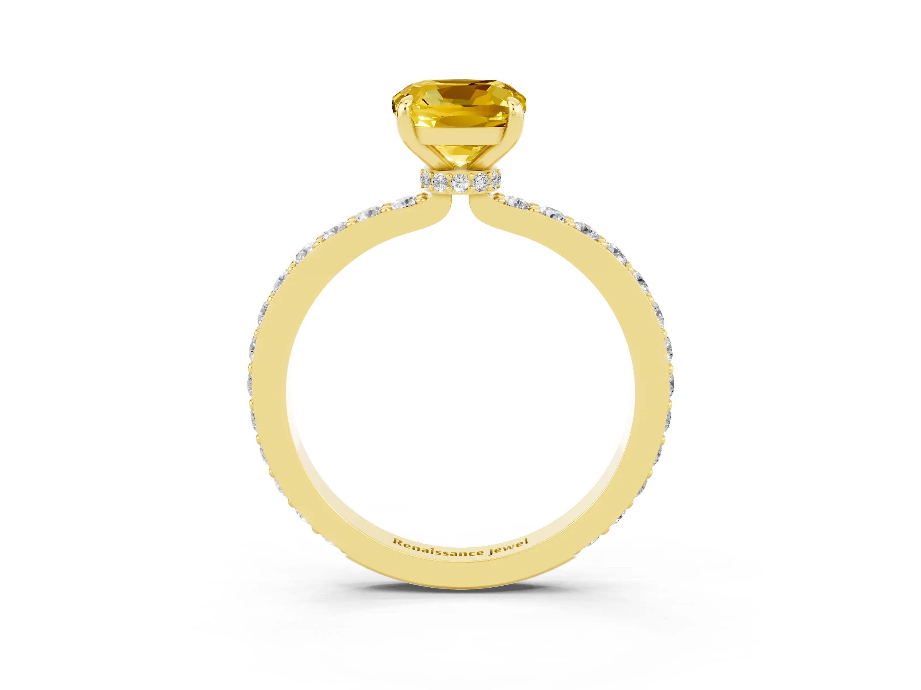 Yellow gold Cushion Cut Yellow Sapphire Solitaire Engagement Ring with Pavé Band and Four-Prong Setting_27