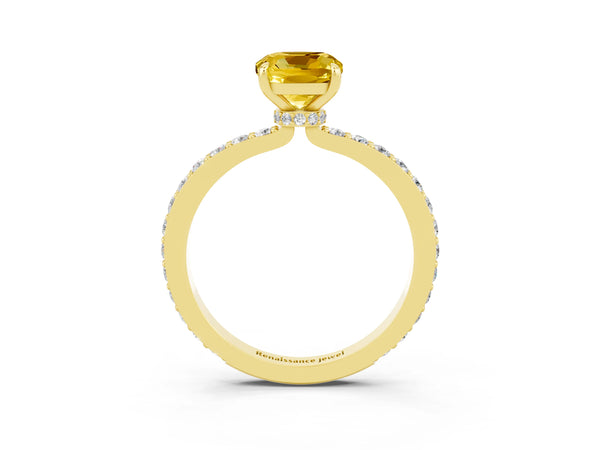 Yellow gold Cushion Cut Yellow Sapphire Solitaire Engagement Ring with Pavé Band and Four-Prong Setting