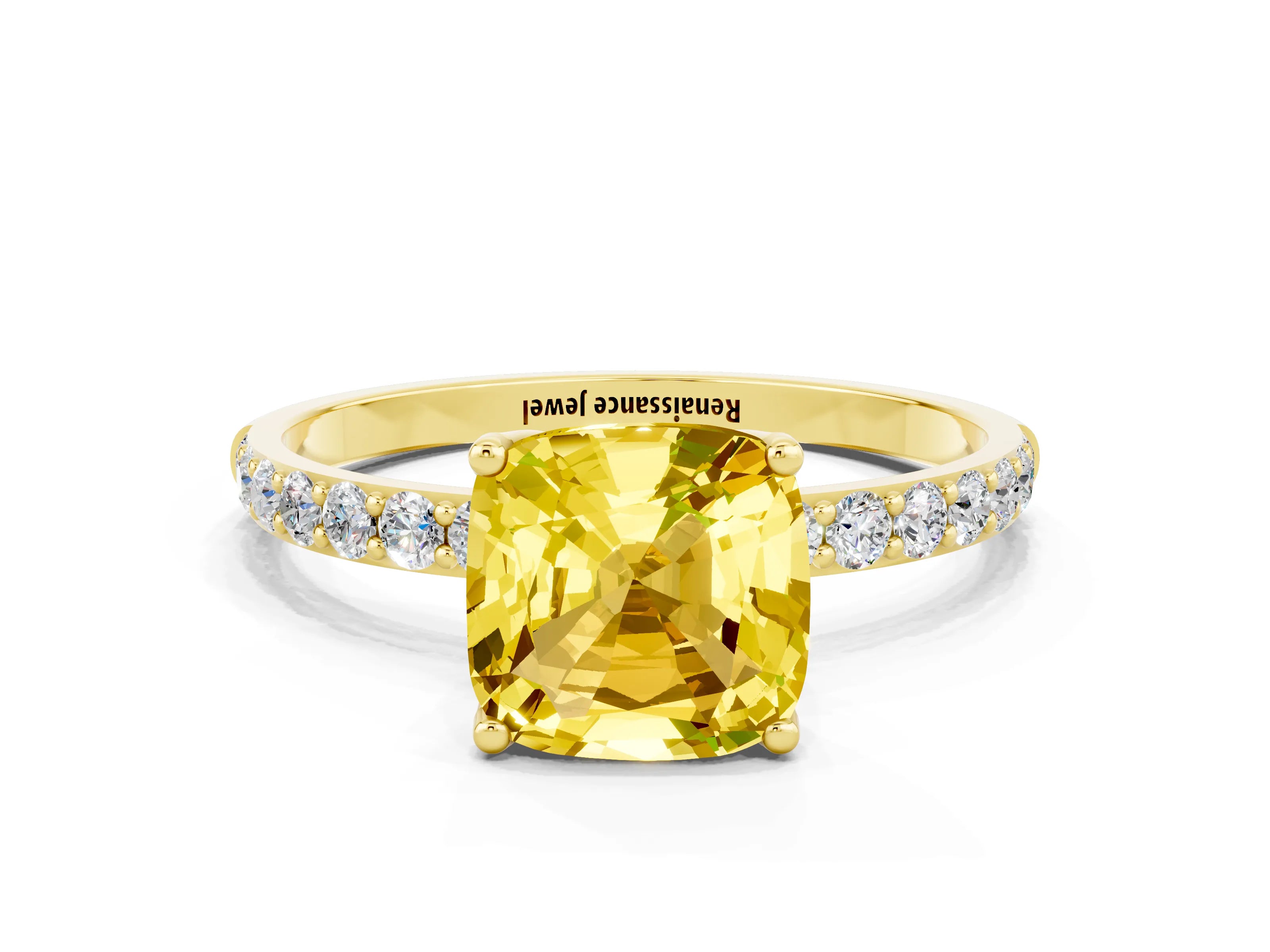Yellow gold Cushion Cut Yellow Sapphire Solitaire Engagement Ring with Pavé Band and Prong Setting