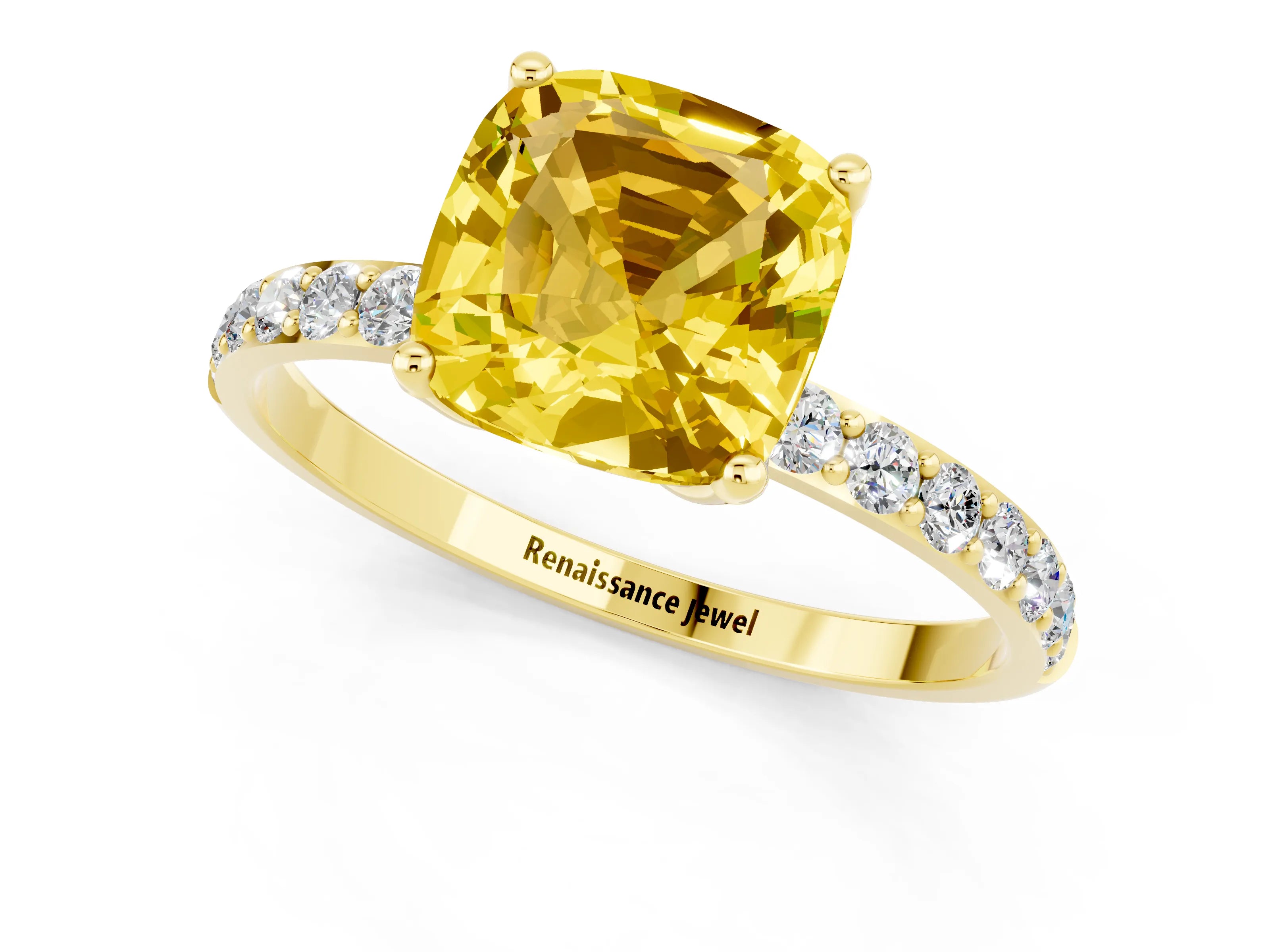 Yellow gold Cushion Cut Yellow Sapphire Solitaire Engagement Ring with Pavé Band and Prong Setting_1