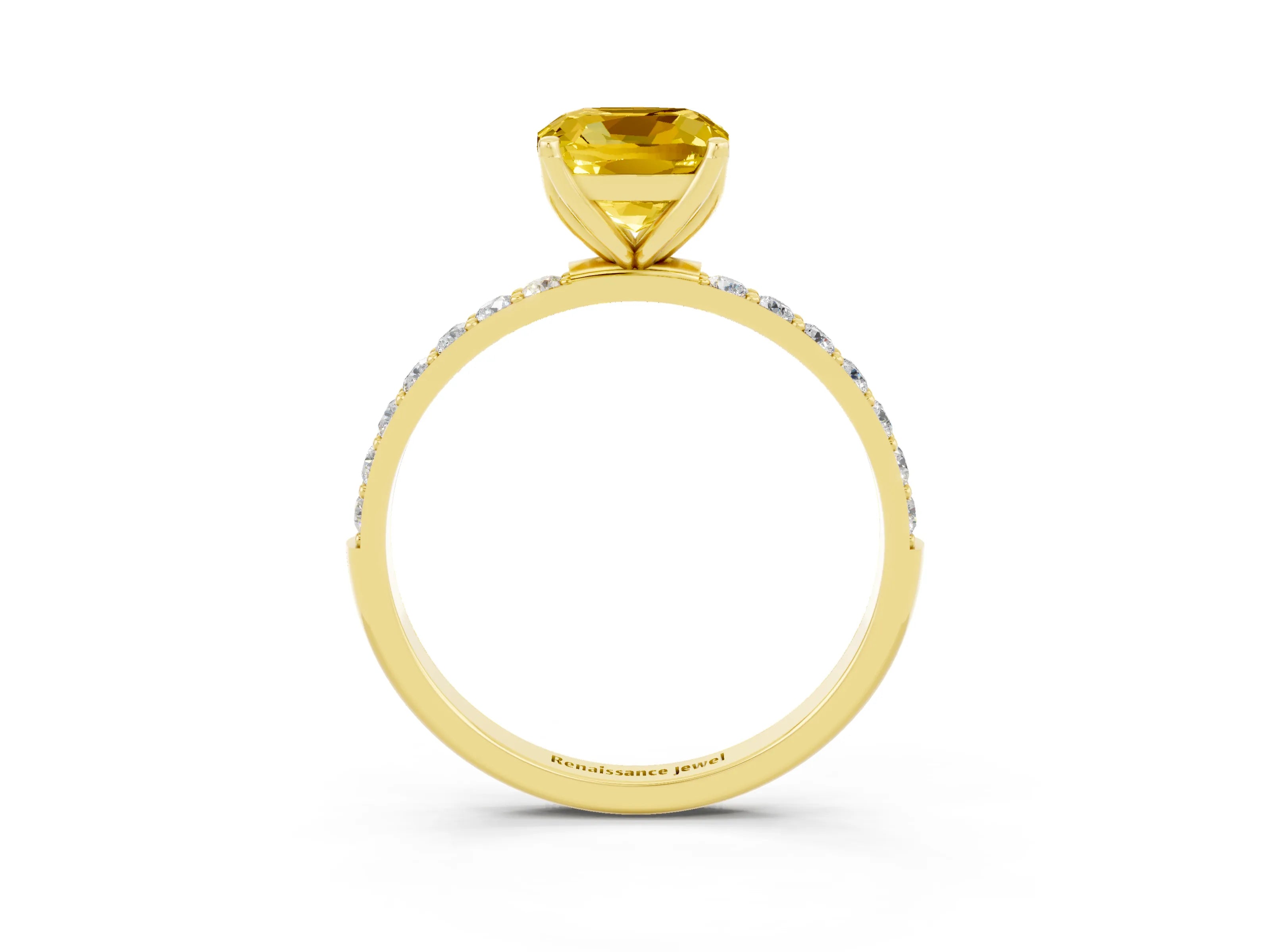 Yellow gold Cushion Cut Yellow Sapphire Solitaire Engagement Ring with Pavé Band and Prong Setting_3