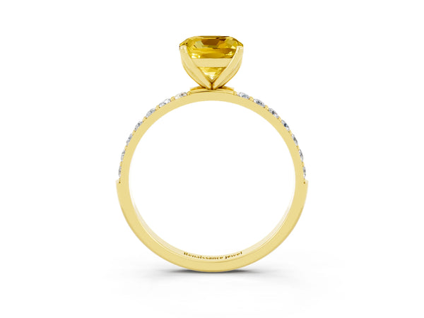 Yellow gold Cushion Cut Yellow Sapphire Solitaire Engagement Ring with Round  Pavé Band and Prong Setting