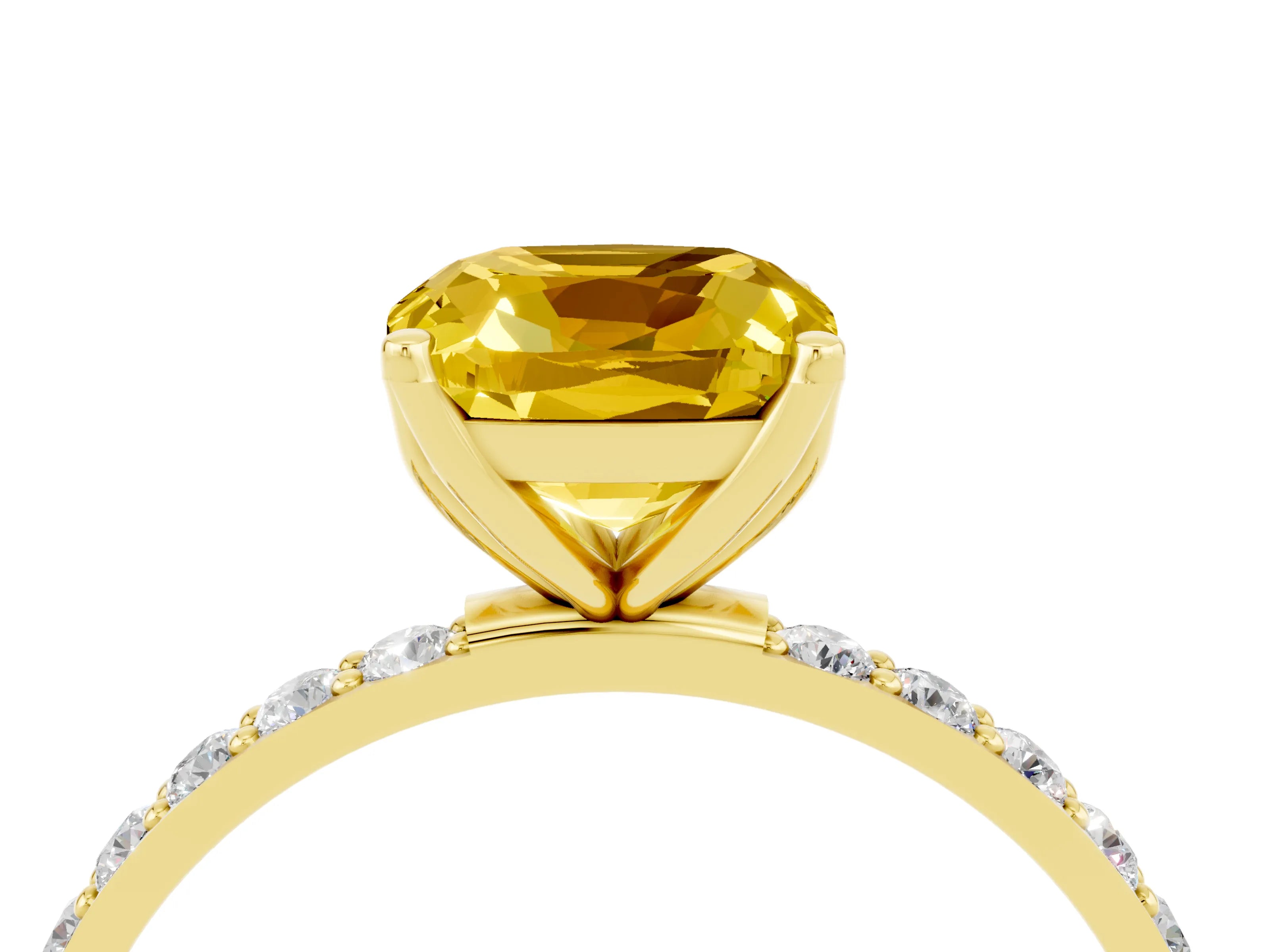 Yellow gold Cushion Cut Yellow Sapphire Solitaire Engagement Ring with Pavé Band and Prong Setting_4