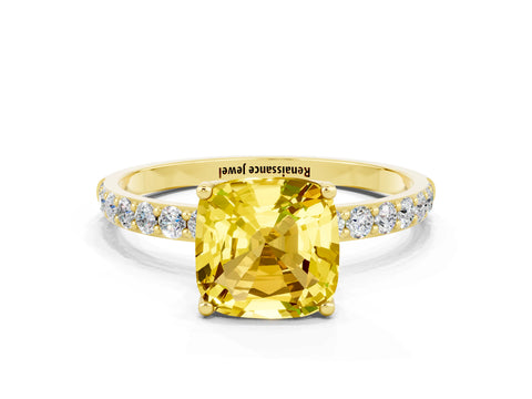 Yellow gold Cushion Cut Yellow Sapphire Solitaire Engagement Ring with Pavé Band and Prong Setting