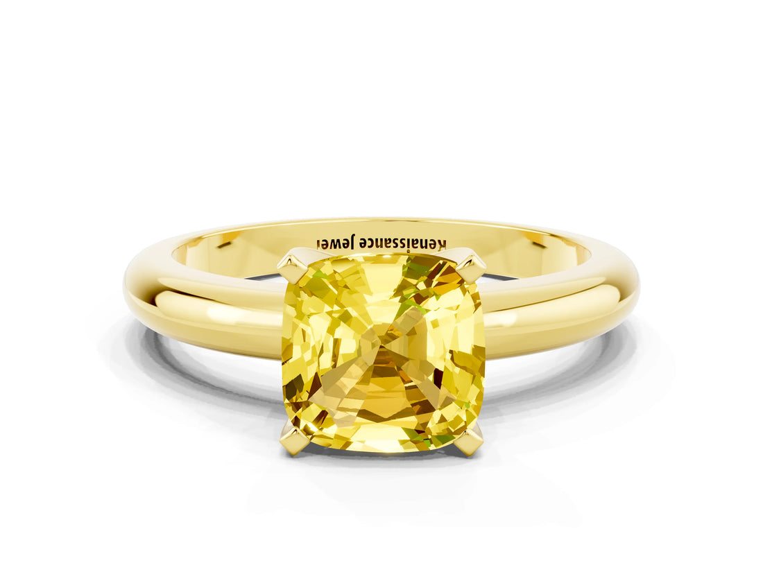 Yellow gold Cushion Cut Yellow Sapphire Solitaire Engagement Ring with Round Band and Four-Prong Setting_24