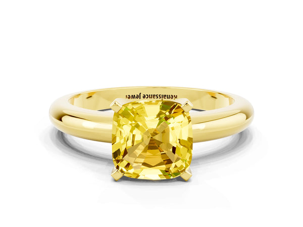 Yellow gold Cushion Cut Yellow Sapphire Solitaire Engagement Ring with Round Band and Four-Prong Setting