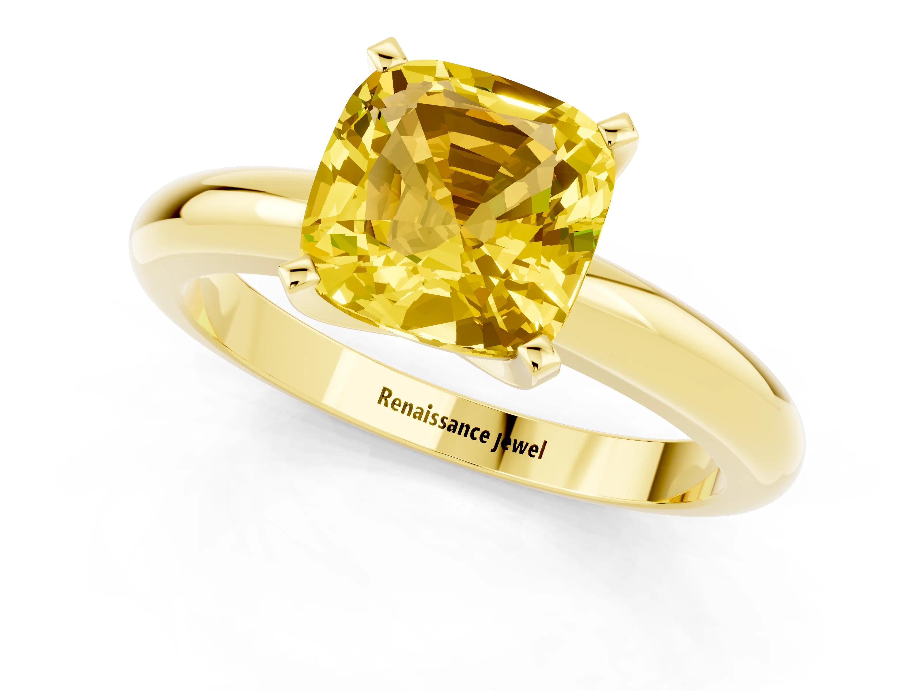 Yellow gold Cushion Cut Yellow Sapphire Solitaire Engagement Ring with Round Band and Four-Prong Setting_25