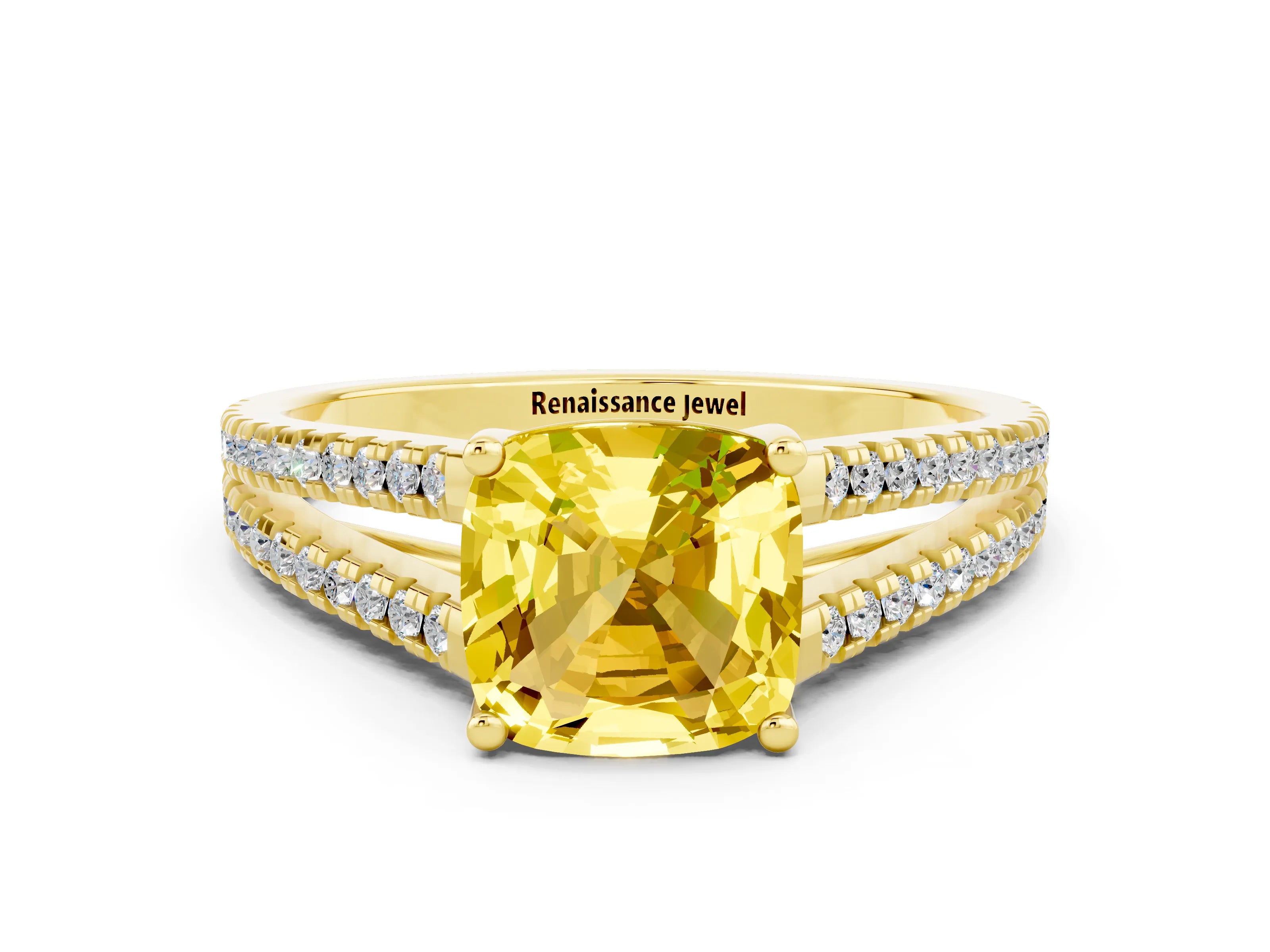 Yellow gold Cushion Cut Yellow Sapphire Solitaire Engagement Ring with Split Shank Pavé Band_12
