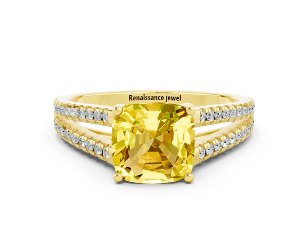 Yellow gold Cushion Cut Yellow Sapphire Solitaire Engagement Ring with Split Shank Pavé Band