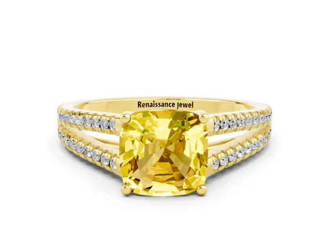 Yellow gold Cushion Cut Yellow Sapphire Solitaire Engagement Ring with Split Shank Pavé Band_12