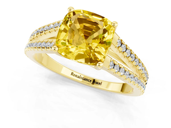 Yellow gold Cushion Cut Yellow Sapphire Solitaire Engagement Ring with Split Shank Pavé Band