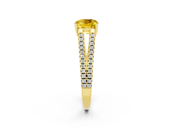 Yellow gold Cushion Cut Yellow Sapphire Solitaire Engagement Ring with Split Shank Pavé Band