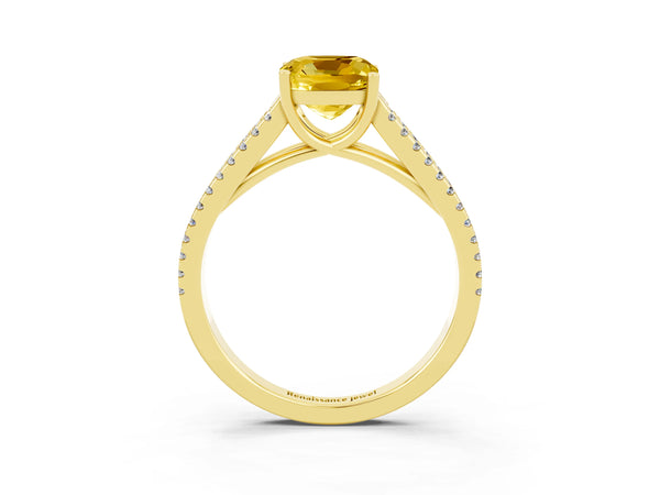 Yellow gold Cushion Cut Yellow Sapphire Solitaire Engagement Ring with Split Shank Pavé Band