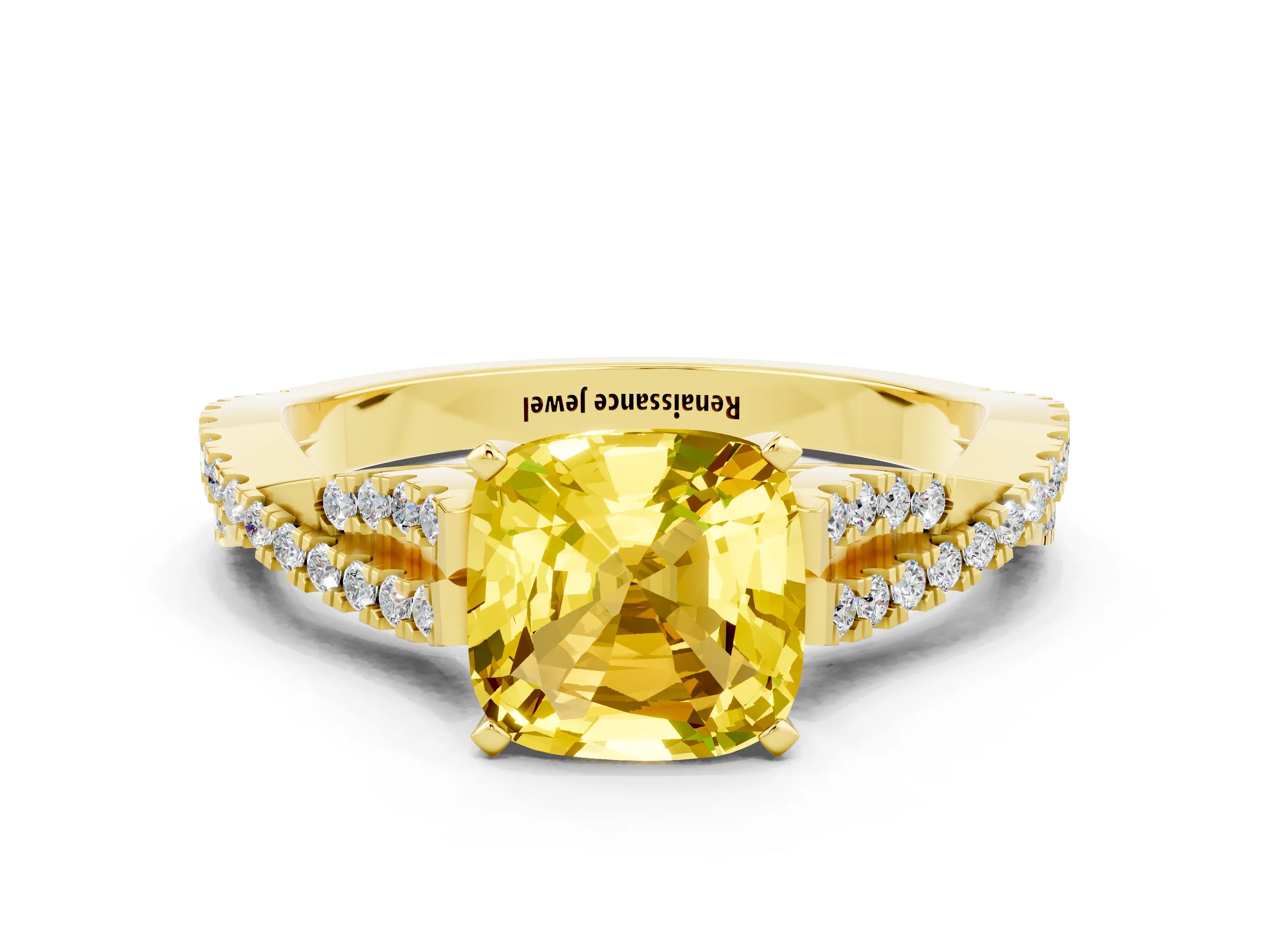Yellow gold Cushion Cut Yellow Sapphire Solitaire Engagement Ring with Twisted Pavé Band and Four-Prong Setting_24