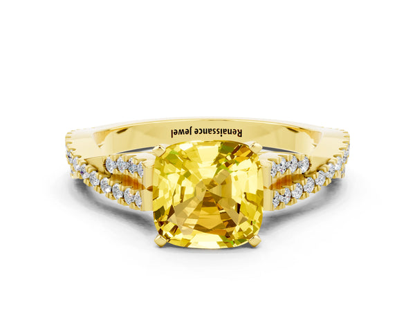 Yellow gold Cushion Cut Yellow Sapphire Solitaire Engagement Ring with Twisted Pavé Band and Four-Prong Setting
