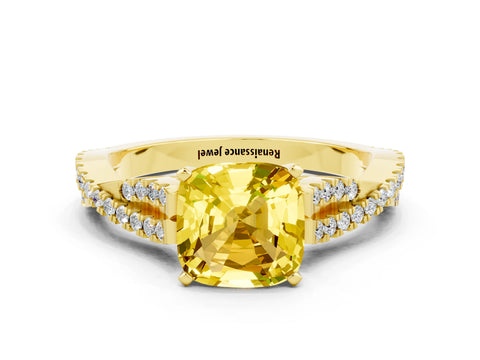 Yellow gold Cushion Cut Yellow Sapphire Solitaire Engagement Ring with Twisted Pavé Band and Four-Prong Setting_24