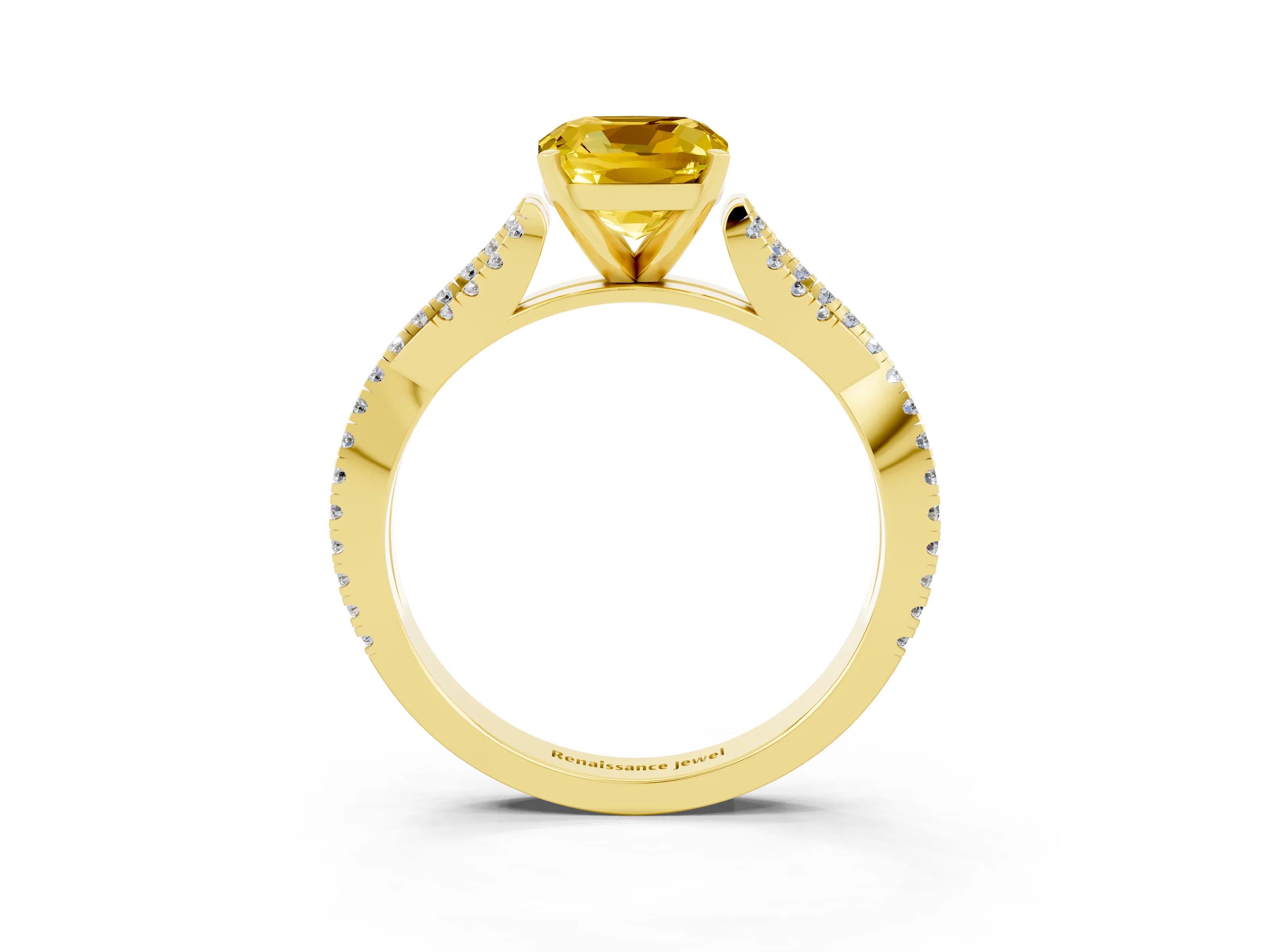 Yellow gold Cushion Cut Yellow Sapphire Solitaire Engagement Ring with Twisted Pavé Band and Four-Prong Setting_27