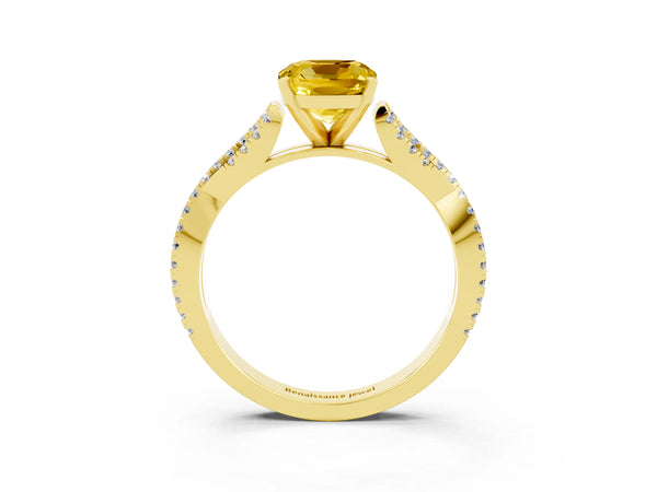 Yellow gold Cushion Cut Yellow Sapphire Solitaire Engagement Ring with Twisted Pavé Band and Four-Prong Setting