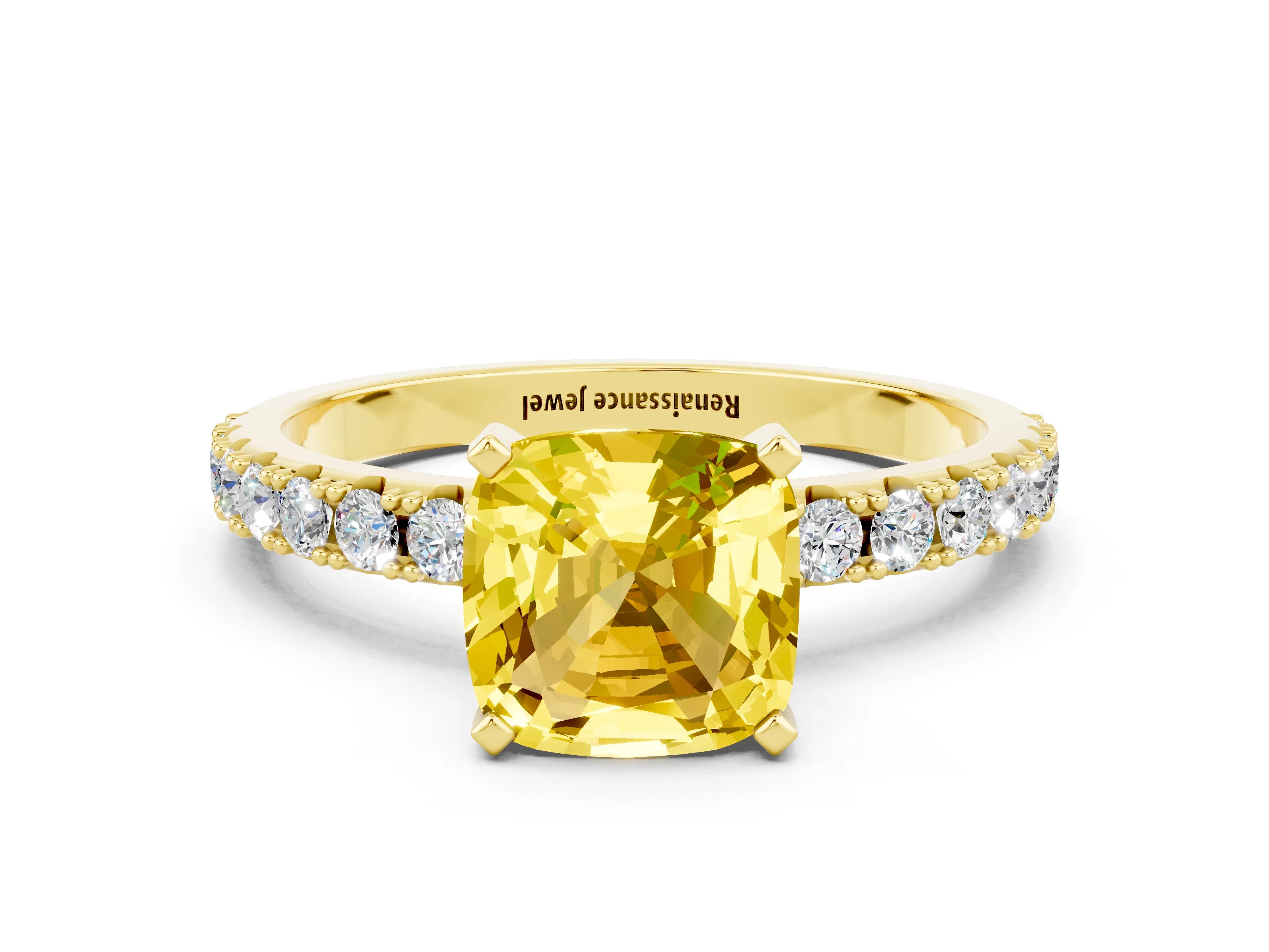 Yellow gold Cushion Cut Yellow Sapphire Solitaire Pavé Band with Four-Prong Setting_24