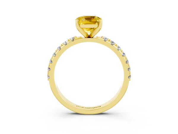 Yellow gold Cushion Cut Yellow Sapphire Solitaire Pavé Band with Four-Prong Setting