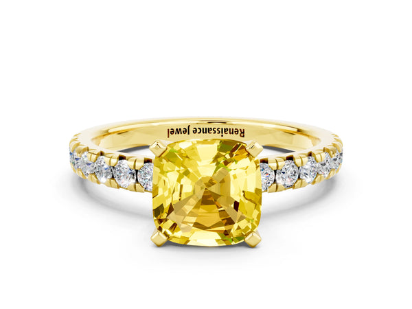 Yellow gold Cushion Cut Yellow Sapphire Solitaire Pavé Engagement Ring with Round Band and Prong Setting