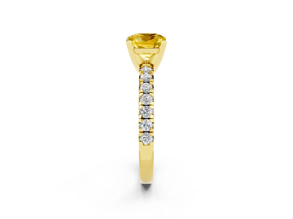 Yellow gold Cushion Cut Yellow Sapphire Solitaire Pavé Engagement Ring with Round Band and Prong Setting