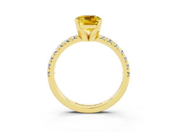 Yellow gold Cushion Cut Yellow Sapphire Solitaire Pavé Engagement Ring with Round Band and Prong Setting