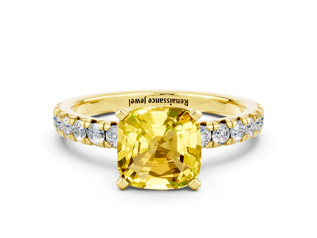 Yellow gold Cushion Cut Yellow Sapphire Solitaire Pavé Engagement Ring with Round Band and Prong Setting_84