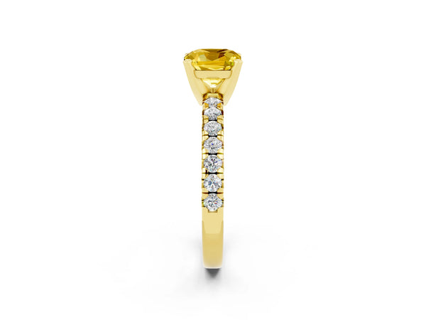 Yellow gold Cushion Cut Yellow Sapphire Solitaire Pavé Engagement Ring with Round Band and Prong Setting