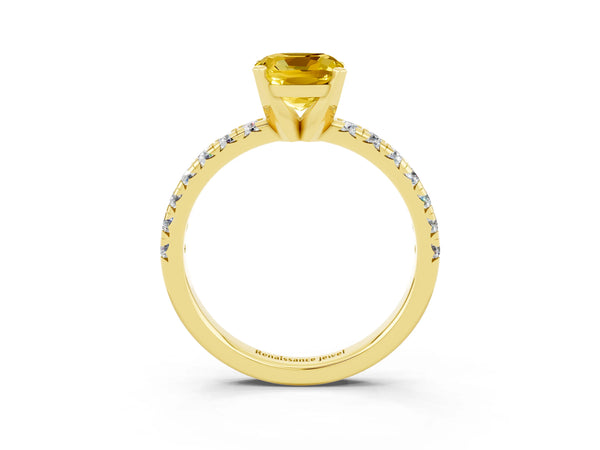 Yellow gold Cushion Cut Yellow Sapphire Solitaire Pavé Engagement Ring with Round Band and Prong Setting