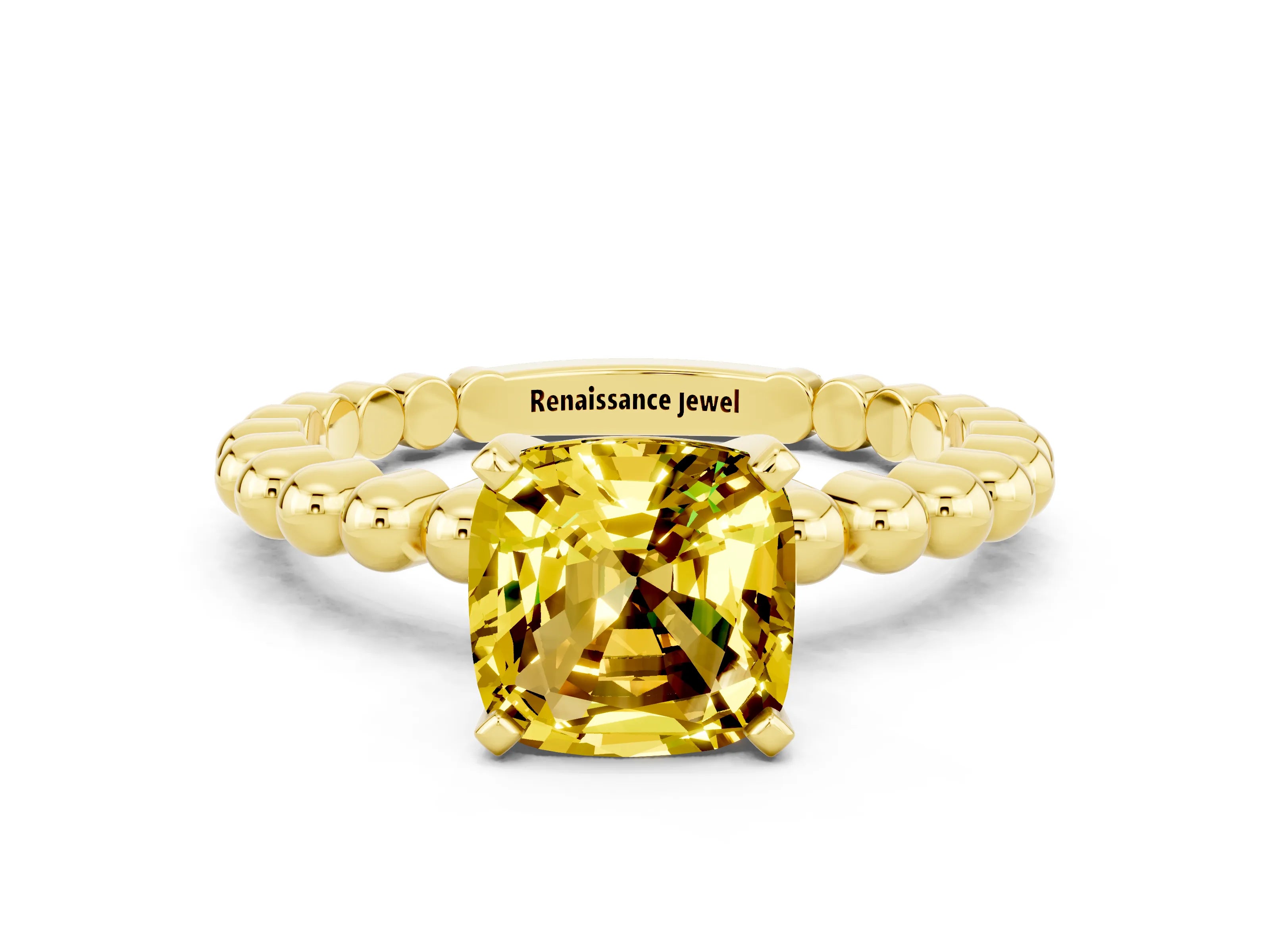 Yellow gold Cushion Cut Yellow Sapphire Solitaire Ring with Beaded Band and Prong Setting