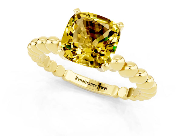 Yellow gold Cushion Cut Yellow Sapphire Solitaire Ring with Beaded Band and Prong Setting