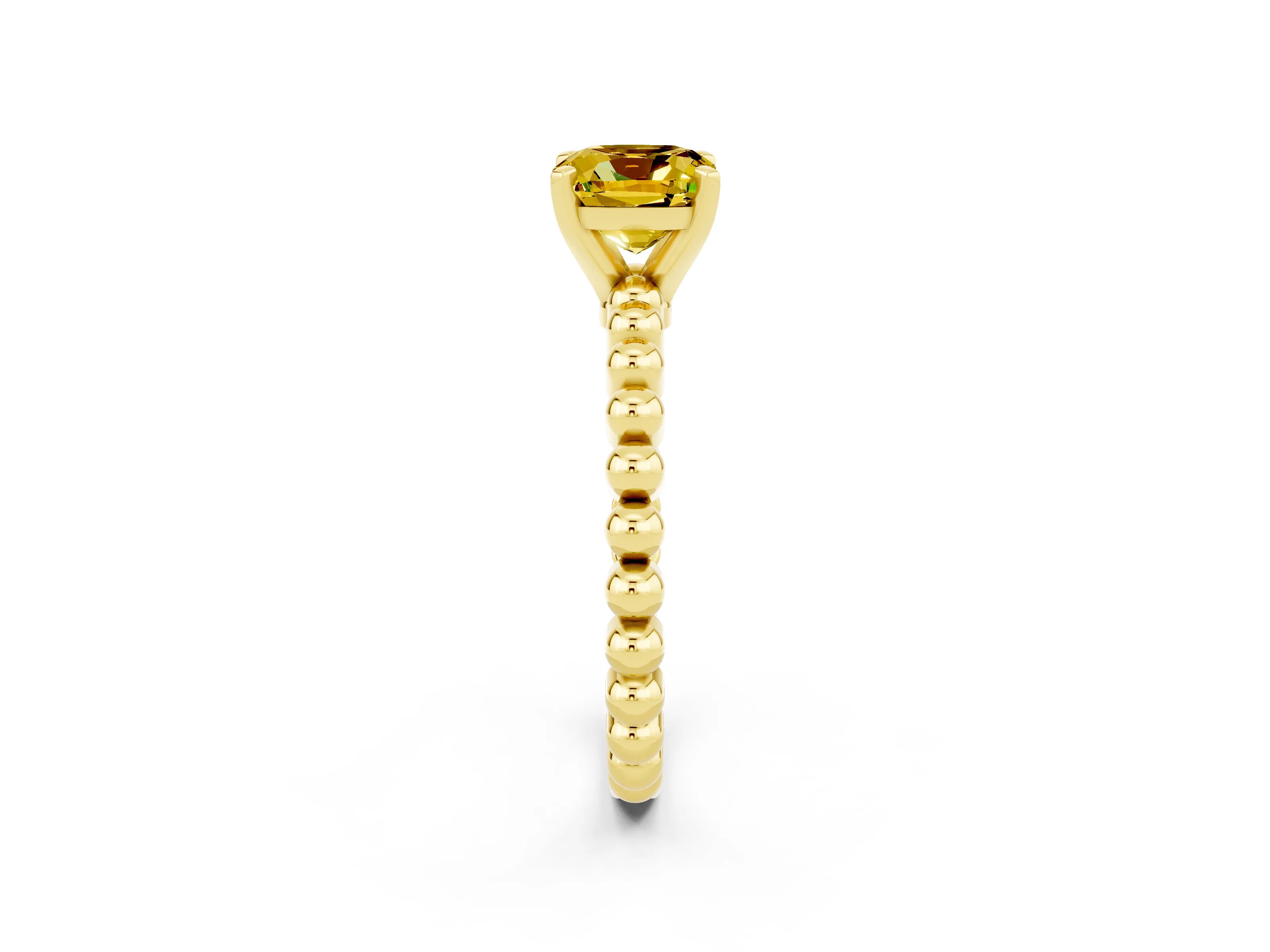 Yellow gold Cushion Cut Yellow Sapphire Solitaire Ring with Beaded Band and Prong Setting_2