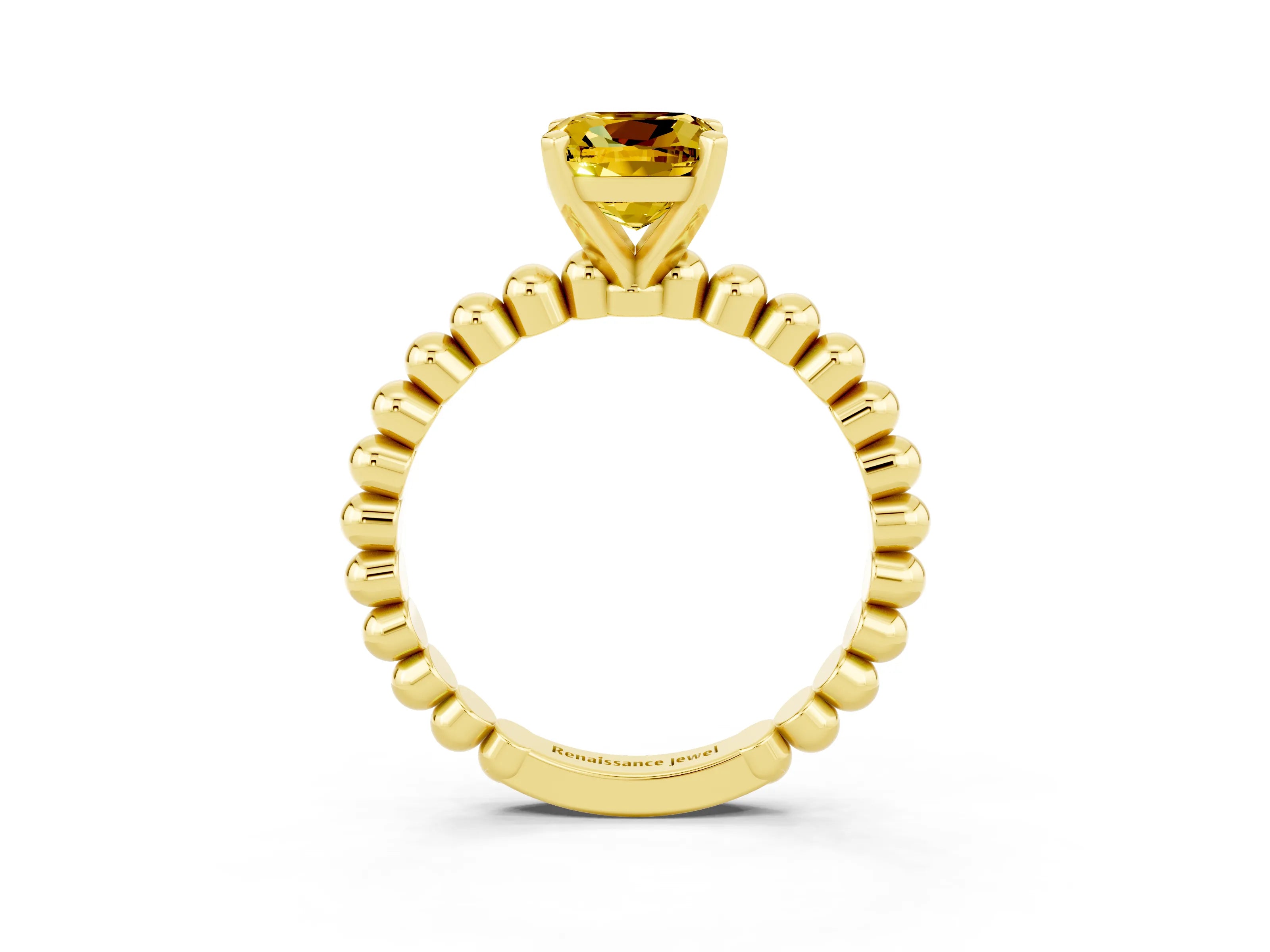 Yellow gold Cushion Cut Yellow Sapphire Solitaire Ring with Beaded Band and Prong Setting_3