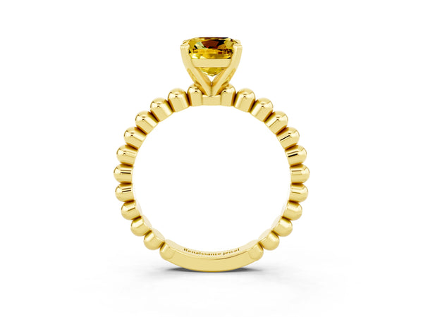 Yellow gold Cushion Cut Yellow Sapphire Solitaire Ring with Beaded Band and Prong Setting
