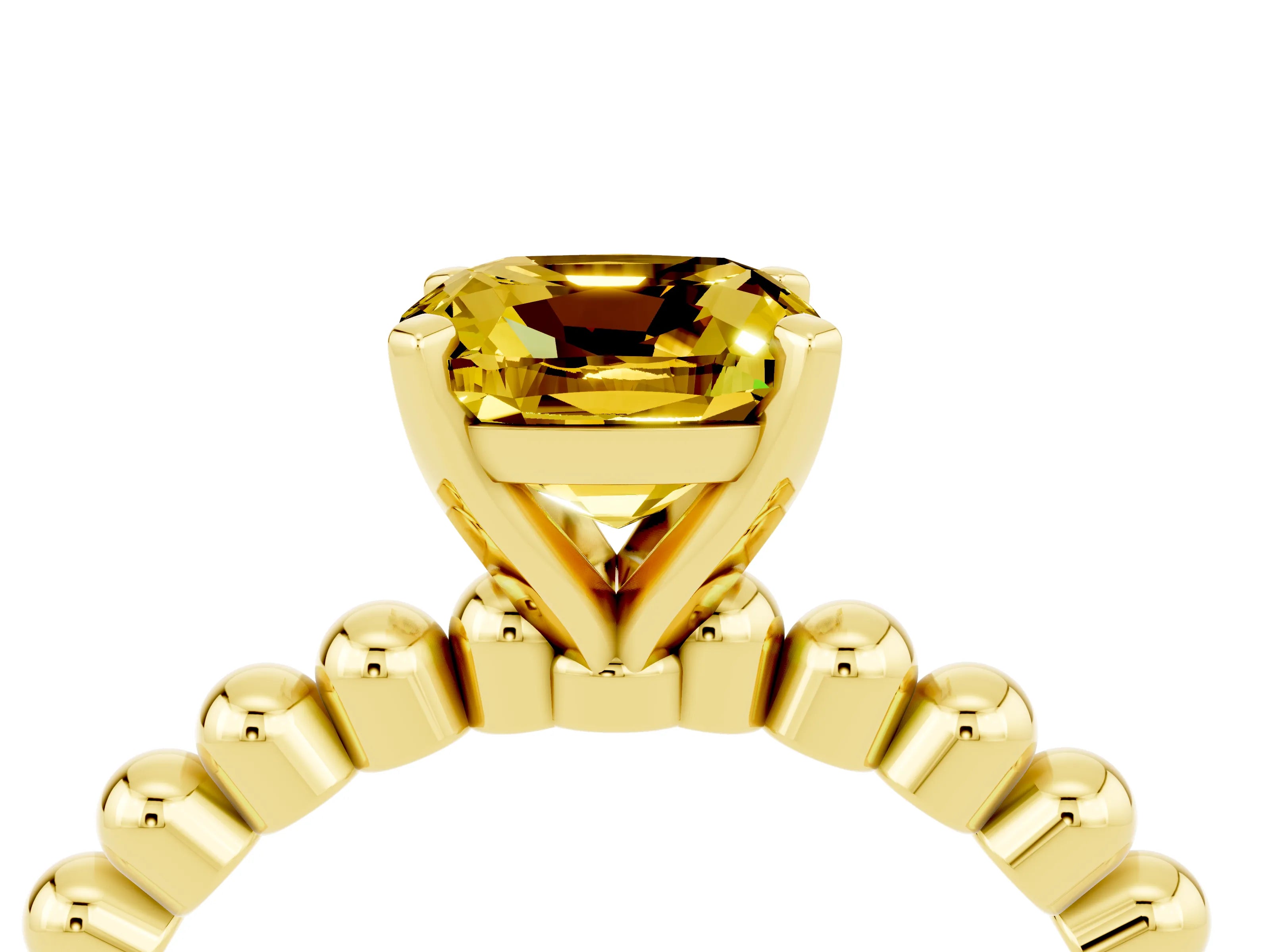 Yellow gold Cushion Cut Yellow Sapphire Solitaire Ring with Beaded Band and Prong Setting_4
