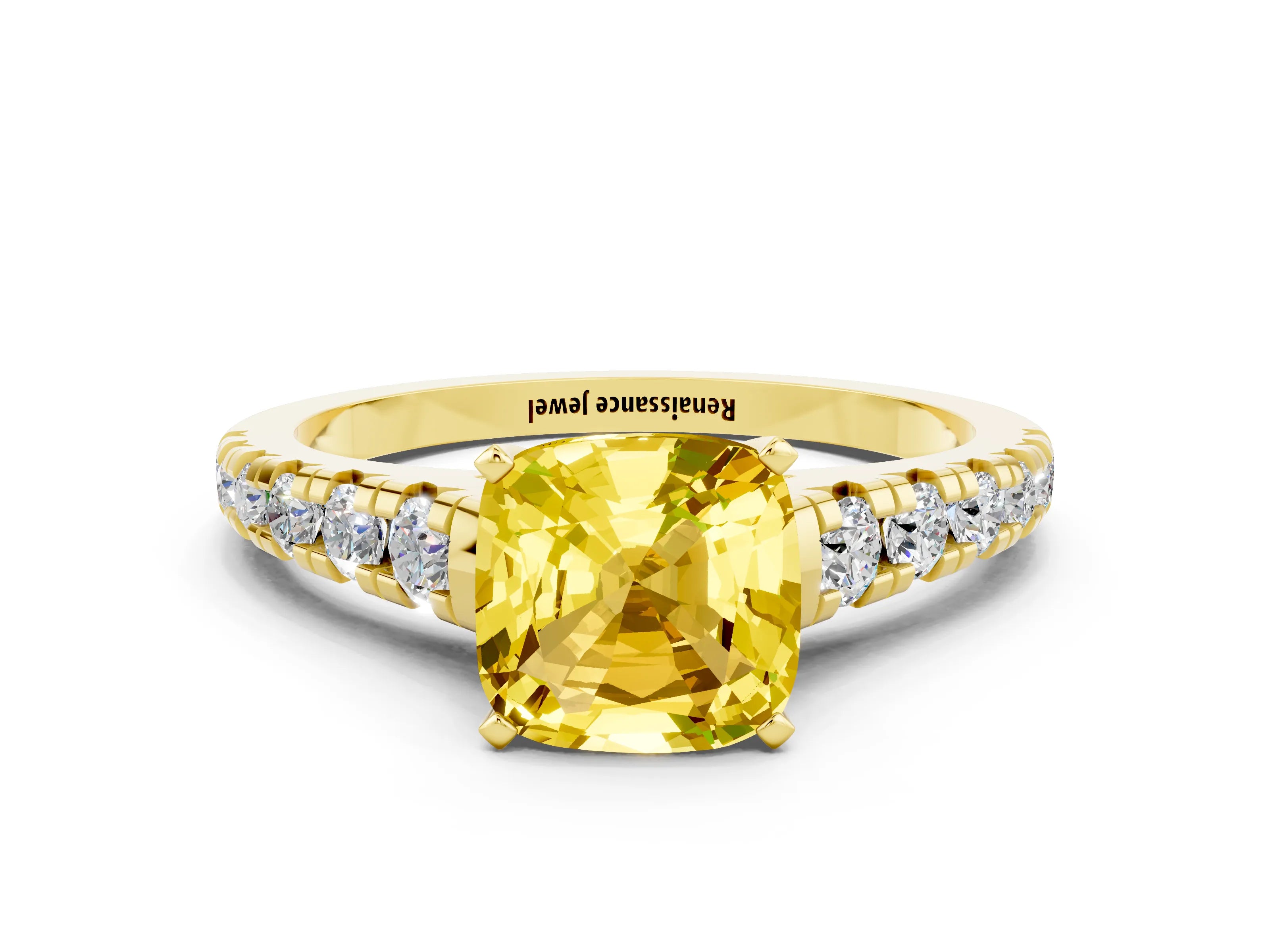 Yellow gold Cushion Cut Yellow Sapphire Solitaire Ring with Cathedral Setting and Pavé Band_24