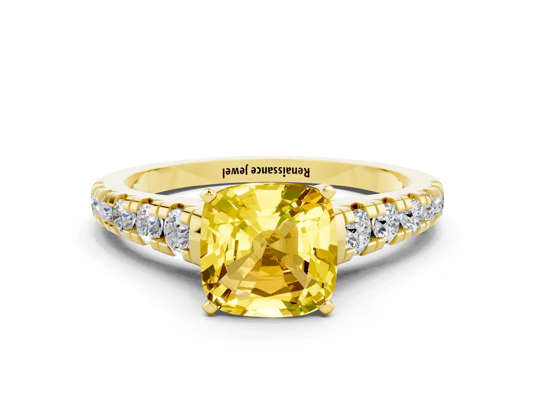 Yellow gold Cushion Cut Yellow Sapphire Solitaire Ring with Cathedral Setting and Pavé Band_24