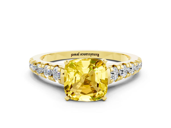 Yellow gold Cushion Cut Yellow Sapphire Cathedral Solitaire Ring with Round  Pavé Band