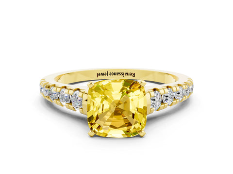 Yellow gold Cushion Cut Yellow Sapphire Solitaire Ring with Cathedral Setting and Pavé Band_24