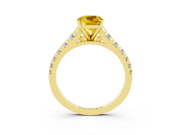 Yellow gold Cushion Cut Yellow Sapphire Cathedral Solitaire Ring with Round  Pavé Band