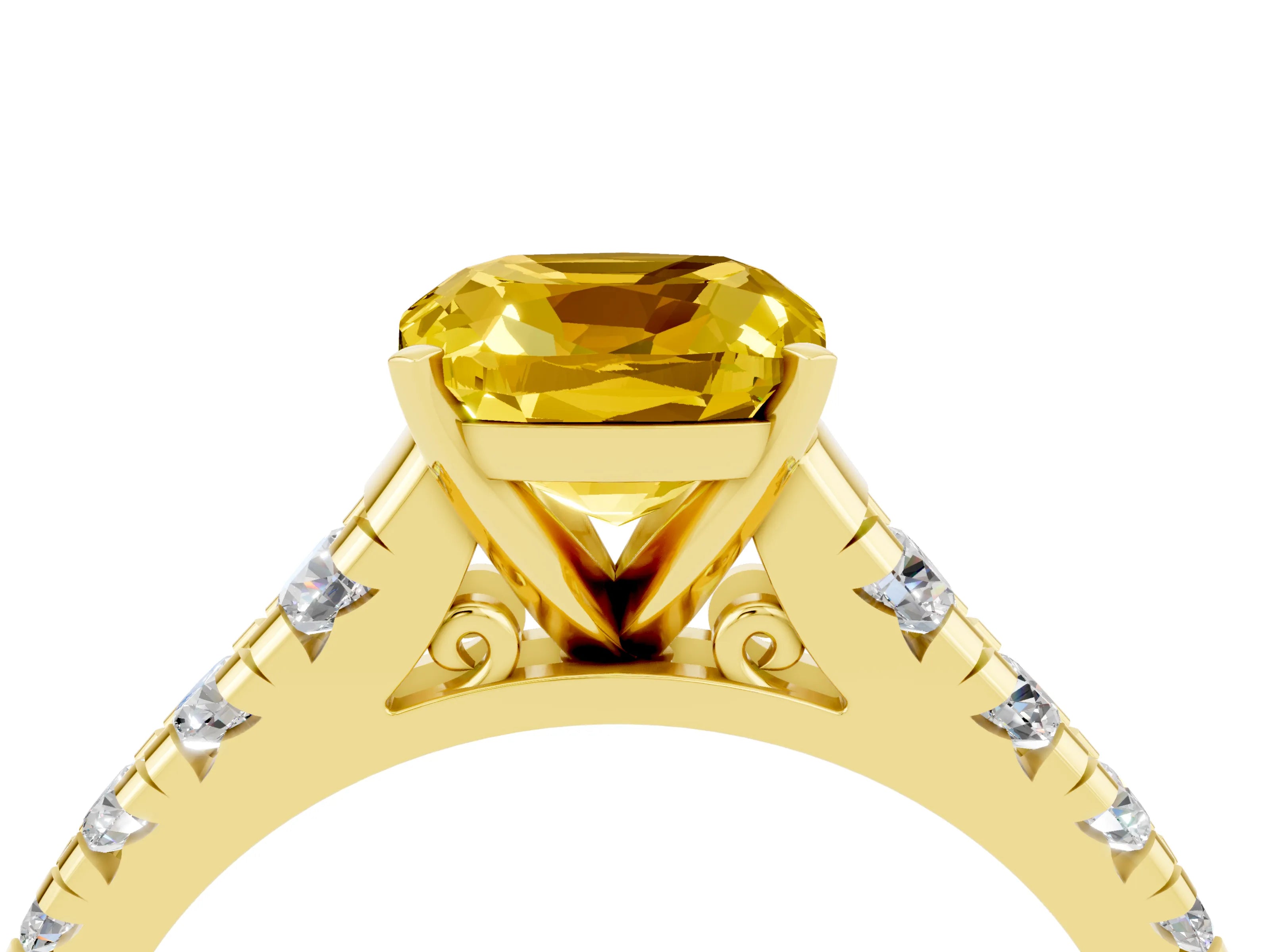 Yellow gold Cushion Cut Yellow Sapphire Solitaire Ring with Cathedral Setting and Pavé Band_28