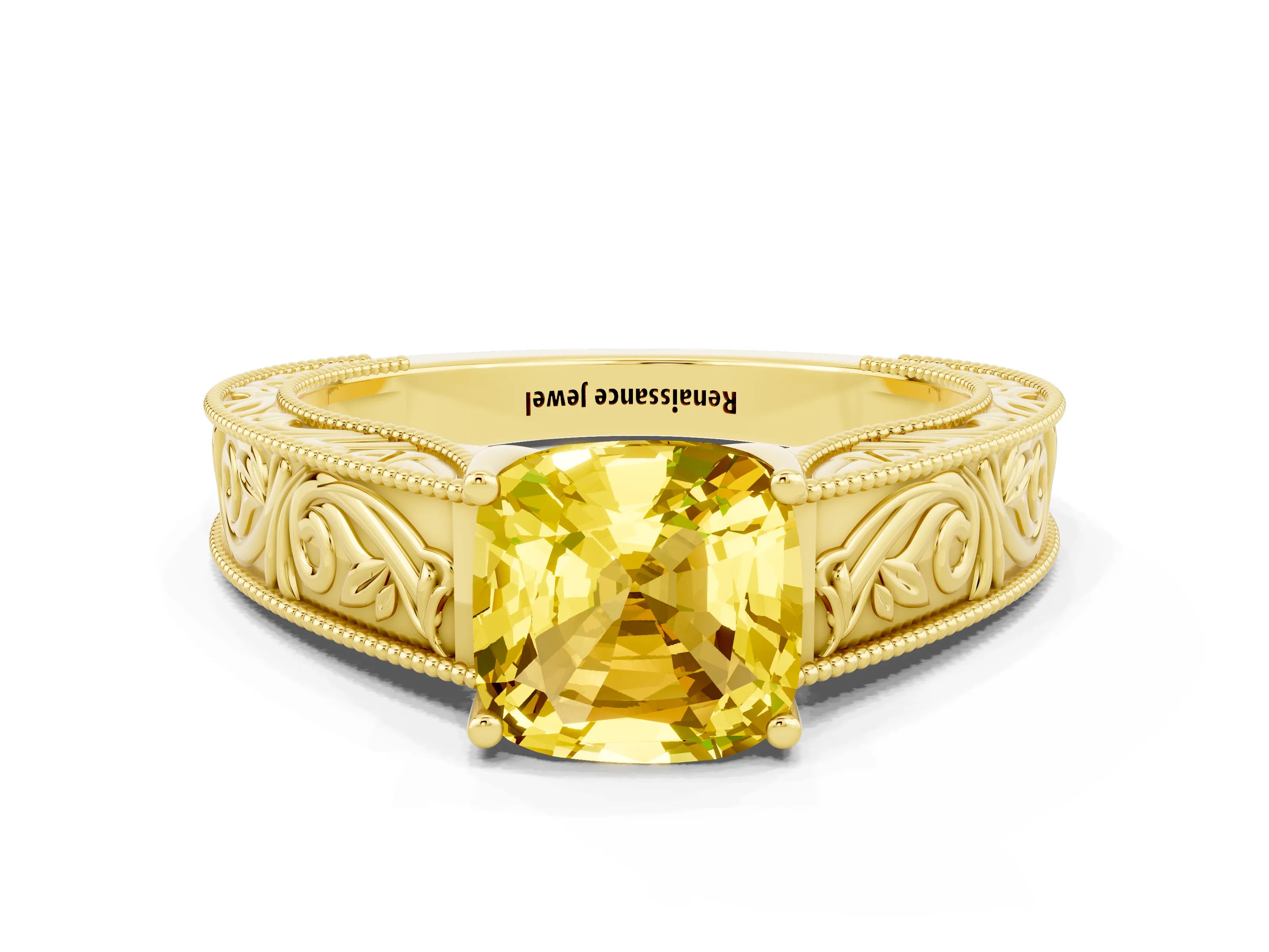 Yellow gold Cushion Cut Yellow Sapphire Solitaire Ring with Engraved Band and Four-Prong Setting