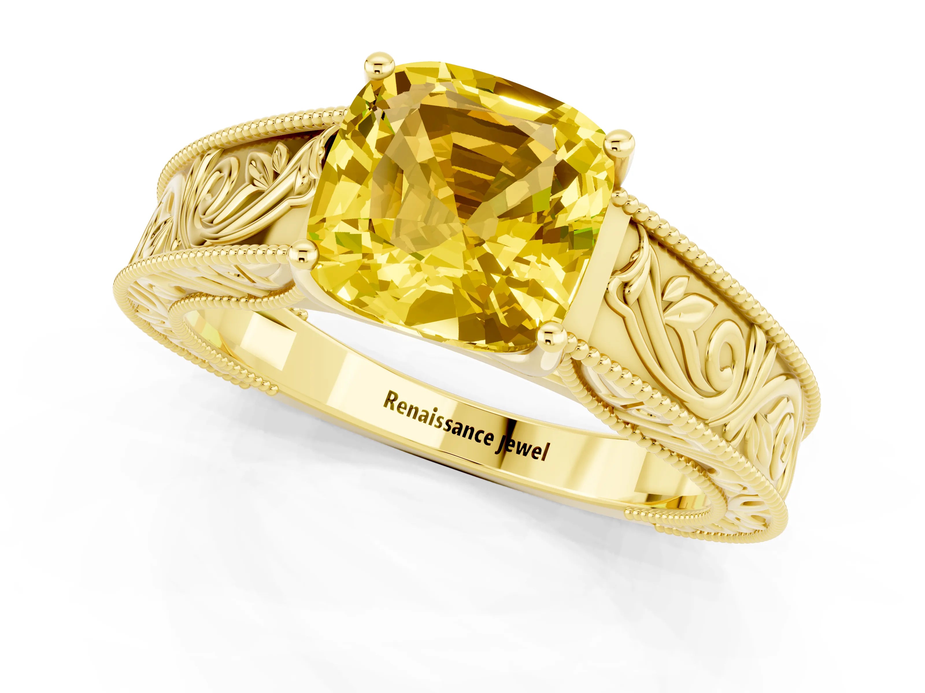 Yellow gold Cushion Cut Yellow Sapphire Solitaire Ring with Engraved Band and Four-Prong Setting_1