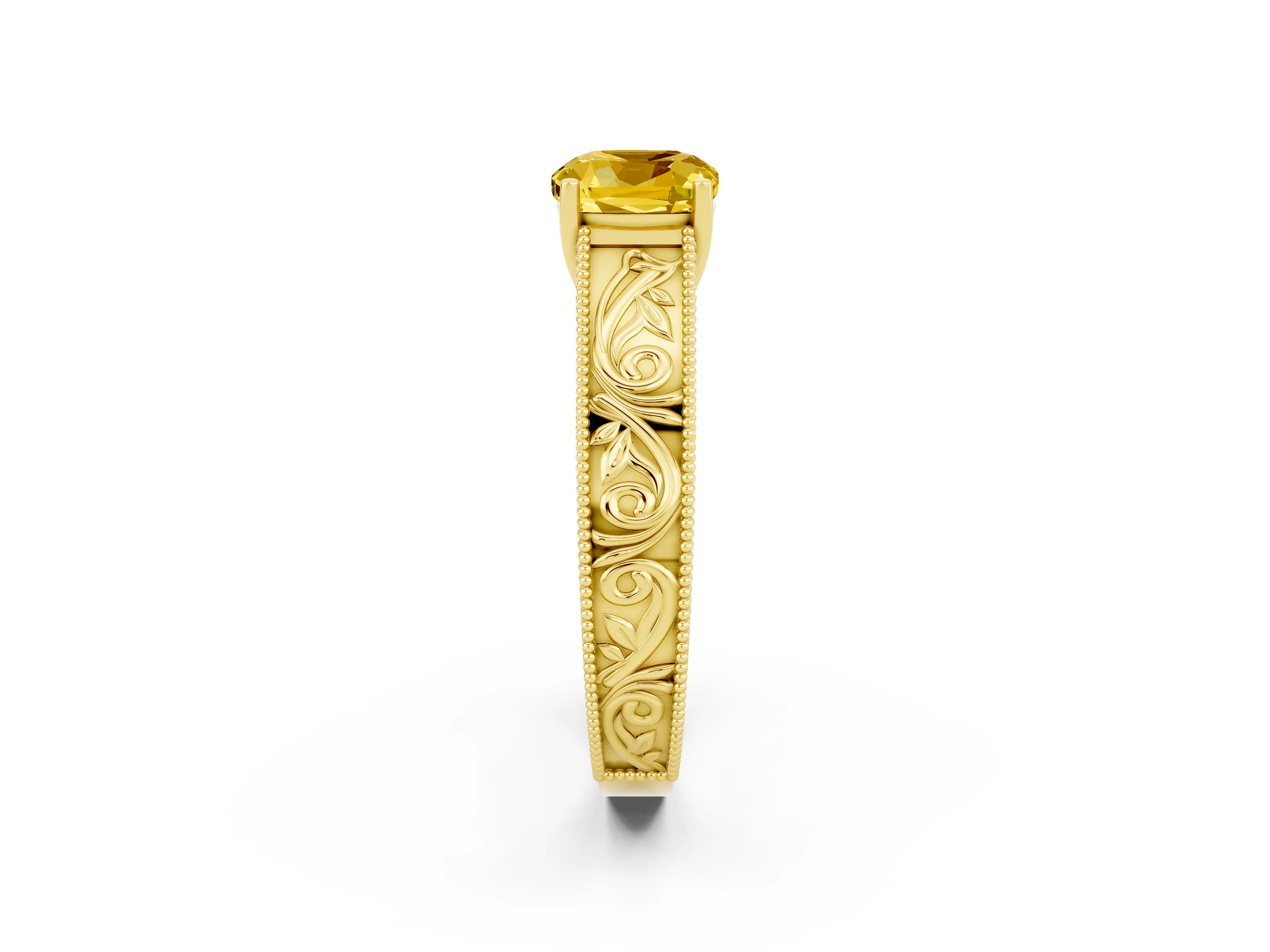 Yellow gold Cushion Cut Yellow Sapphire Solitaire Ring with Engraved Band and Four-Prong Setting_2