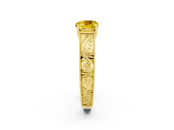 Yellow gold Cushion Cut Yellow Sapphire Solitaire Ring with Engraved Band and Four-Prong Setting